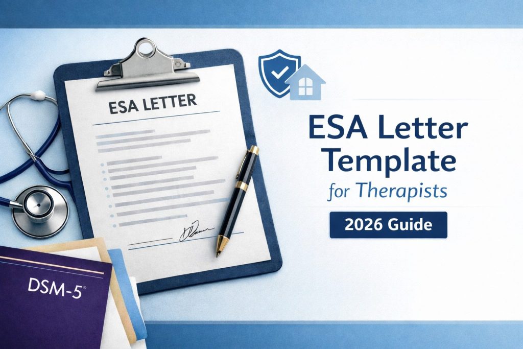 Featured image showing a professional ESA letter template for therapists, highlighting compliant documentation for emotional support animal housing accommodations