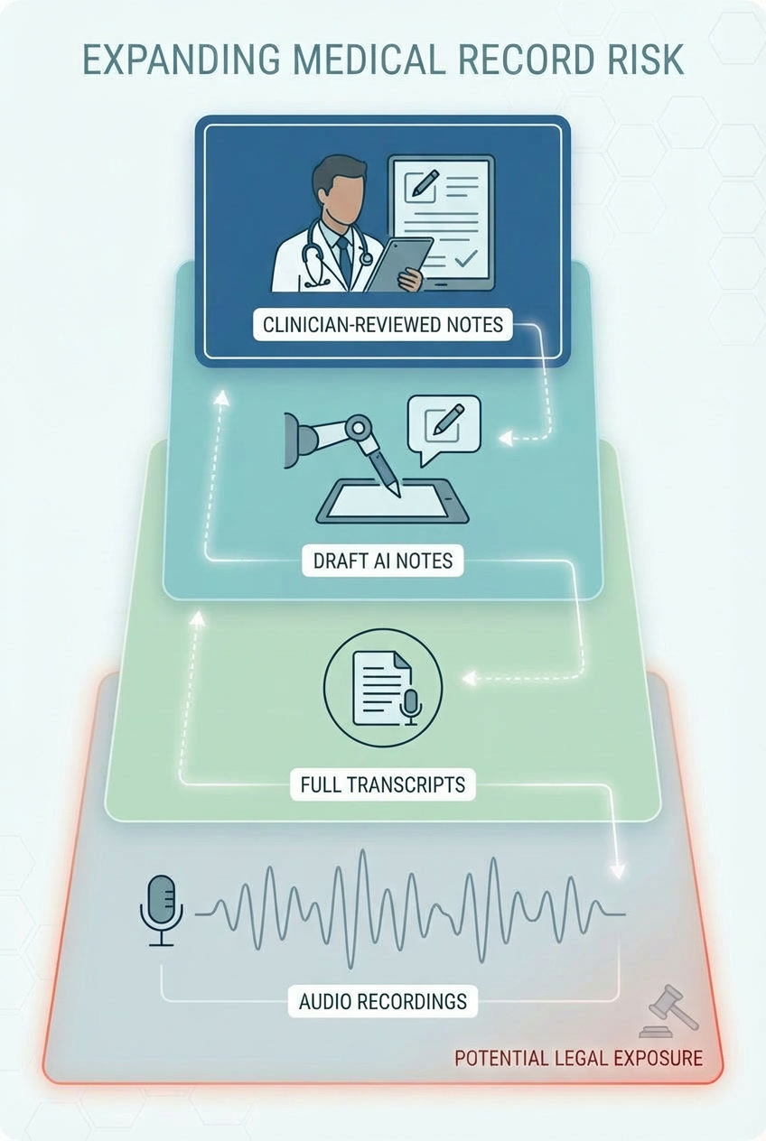 Diagram showing how clinician-reviewed notes, draft AI notes, full transcripts, and audio recordings expand the medical record and increase legal exposure.
