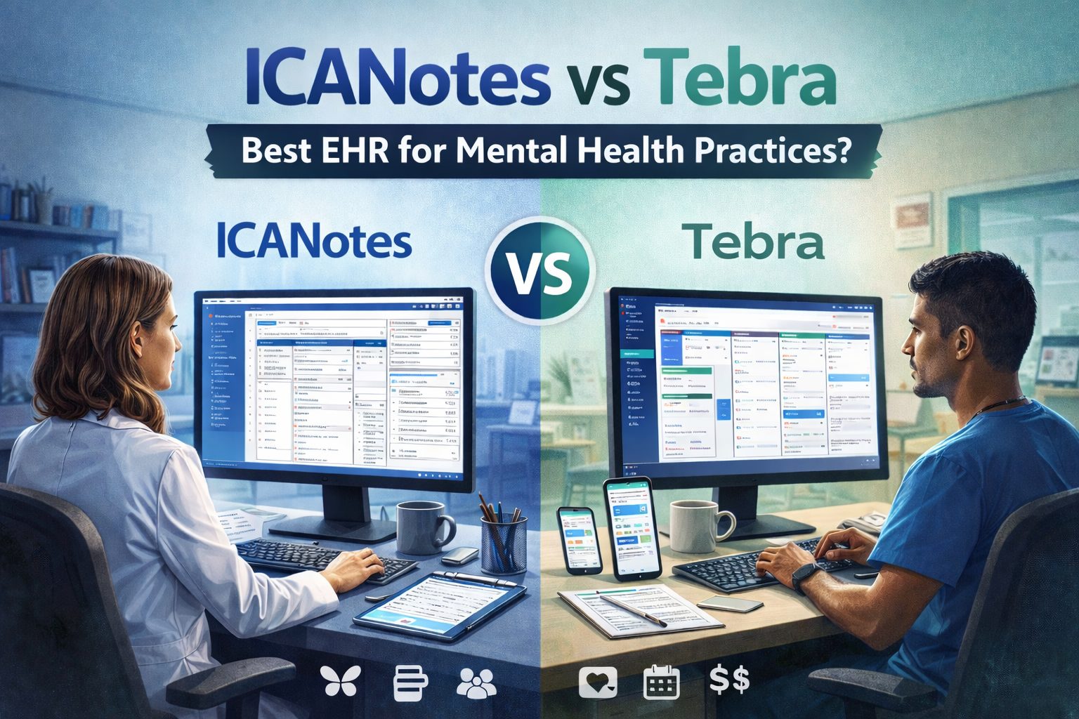 Side-by-side comparison of ICANotes and Tebra EHR platforms used by mental health clinicians