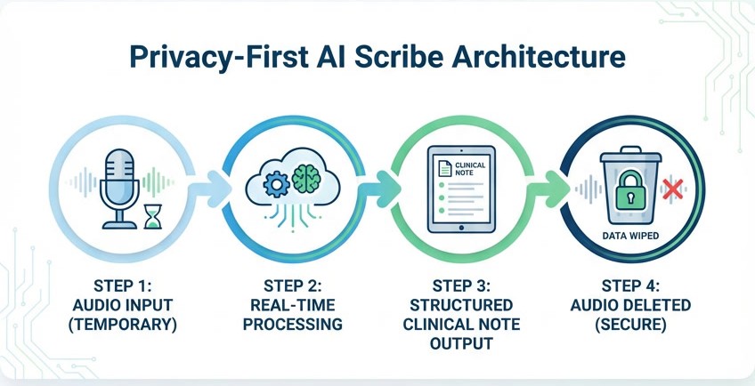 Diagram showing a privacy-first AI scribe workflow with temporary audio input, real-time processing, structured clinical note output, and secure deletion of audio data.