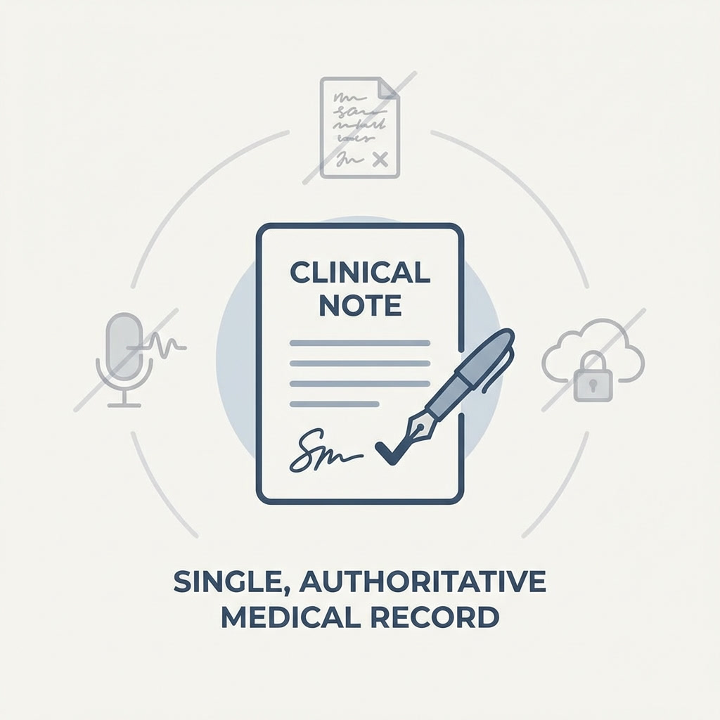 Illustration showing a single clinician-reviewed and signed clinical note as the only authoritative medical record, with audio recordings and transcripts excluded.
