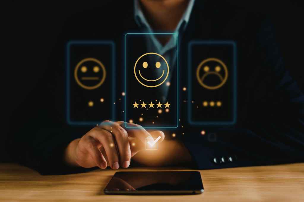 Behavioral health EHR award recognition and customer satisfaction concept with five-star rating and smile icon