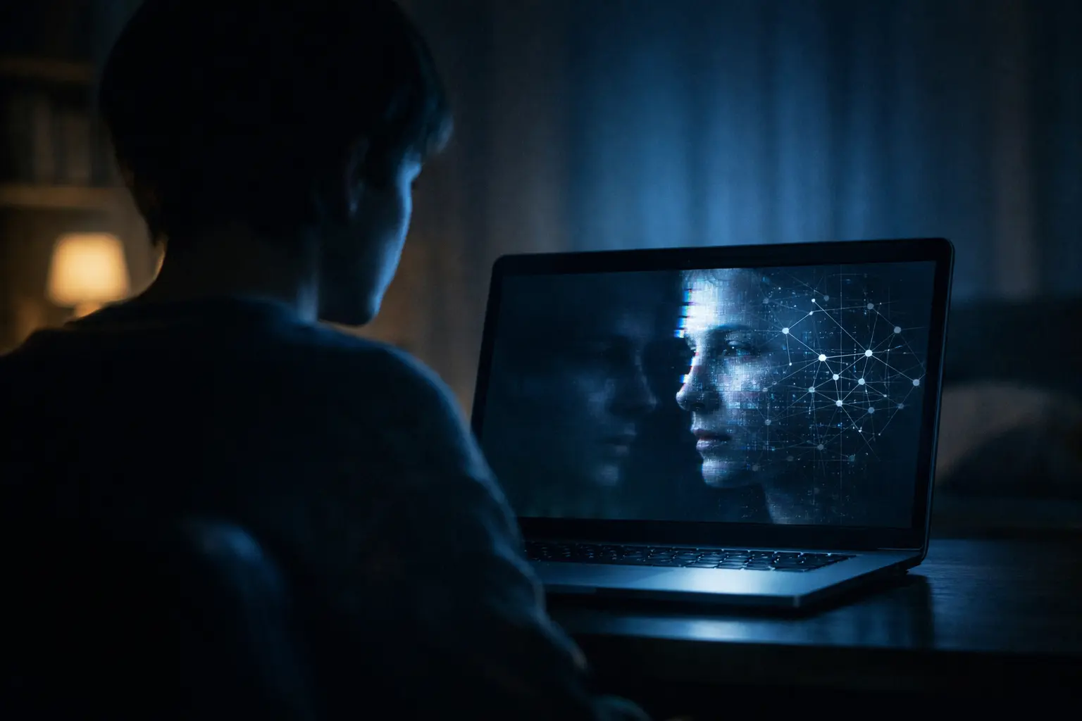 Person illuminated by laptop screen at night with distorted digital reflection representing AI chatbot psychosis and digital delusions