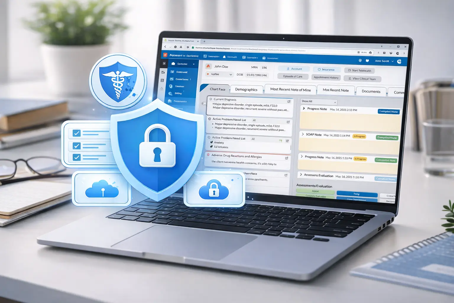 Behavioral health EHR displaying secure client records with HIPAA-compliant data security features