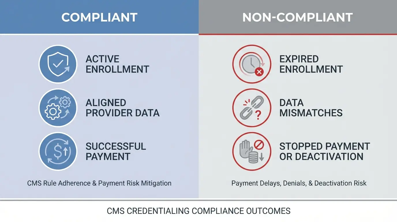 Split-panel graphic showing CMS credentialing compliance outcomes for clinicians, comparing compliant enrollment with non-compliant enrollment that leads to stopped payment