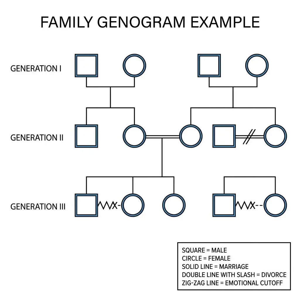 Family genogram example showing three generations with standard genogram symbols for male, female, marriage, divorce, and emotional cutoff used in family therapy assessment.