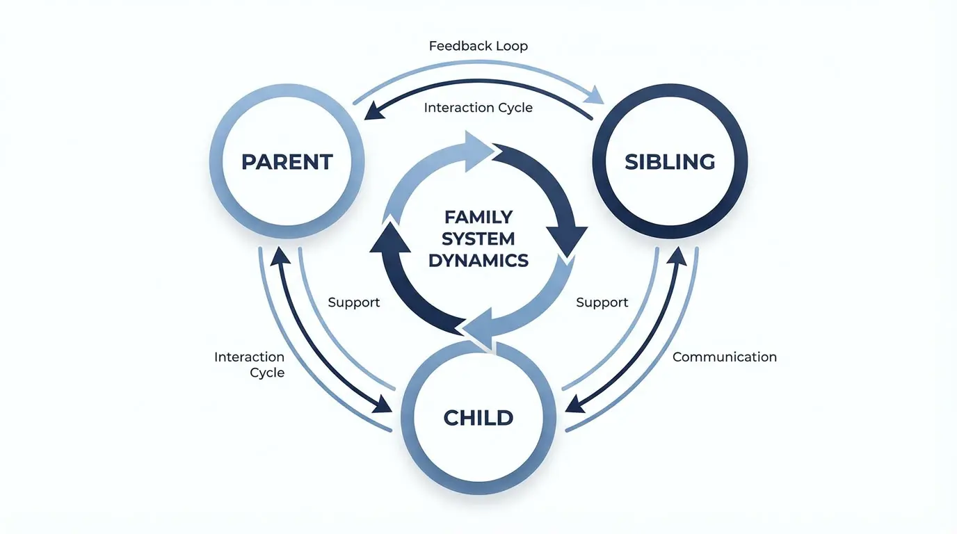 Family therapy interventions diagram showing family system dynamics, interaction cycles, feedback loops, and communication patterns between parent, child, and sibling.