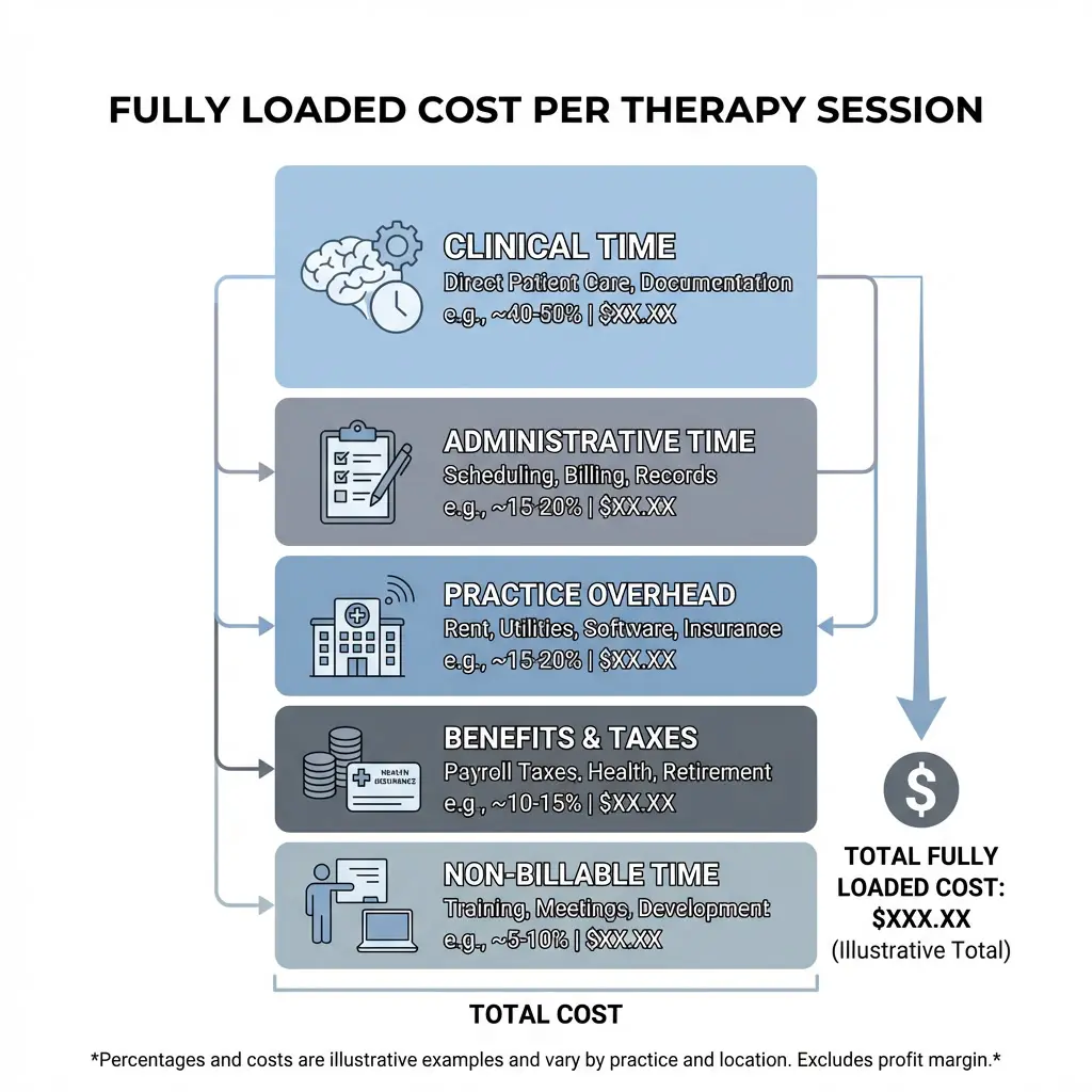 Infographic showing the fully loaded cost per therapy session, including clinical time, administrative time, practice overhead, benefits and taxes, and non-billable time.