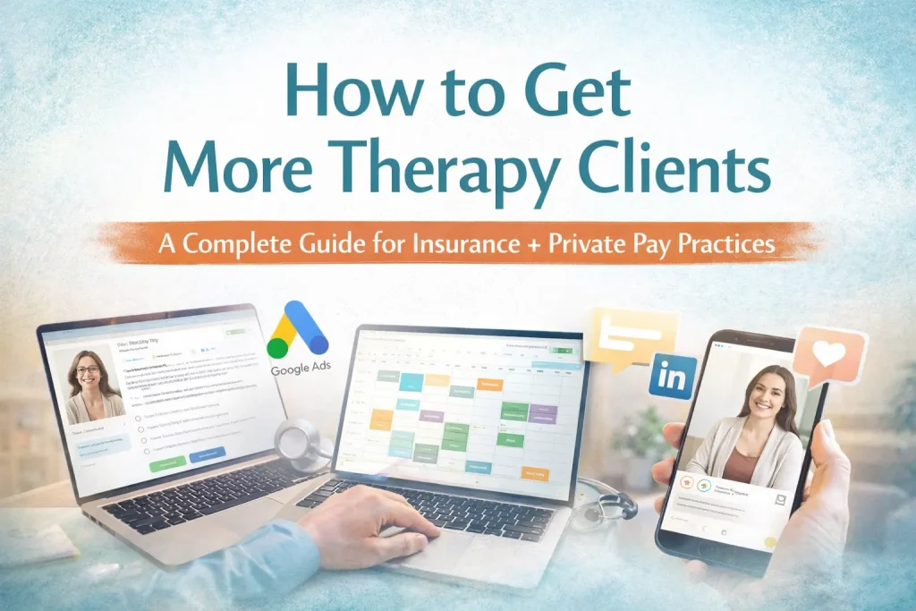 Graphic titled "How to Get More Therapy Clients" showing therapist marketing tools including directories, Google Ads, scheduling software, and social media for insurance and private pay practices.
