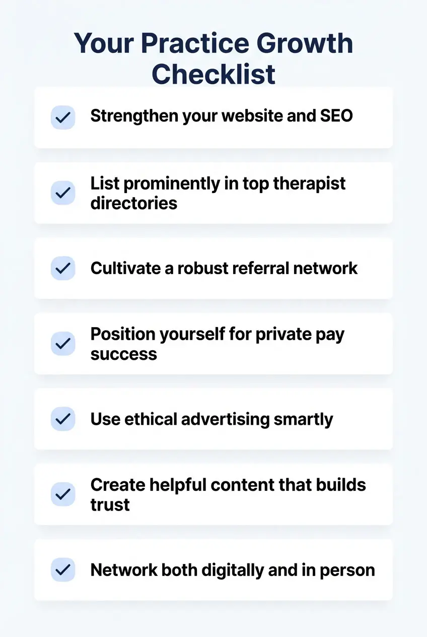 Checklist infographic outlining strategies for how to get more therapy clients, including SEO, therapist directories, referral networking, private pay positioning, ethical advertising, and content marketing.
