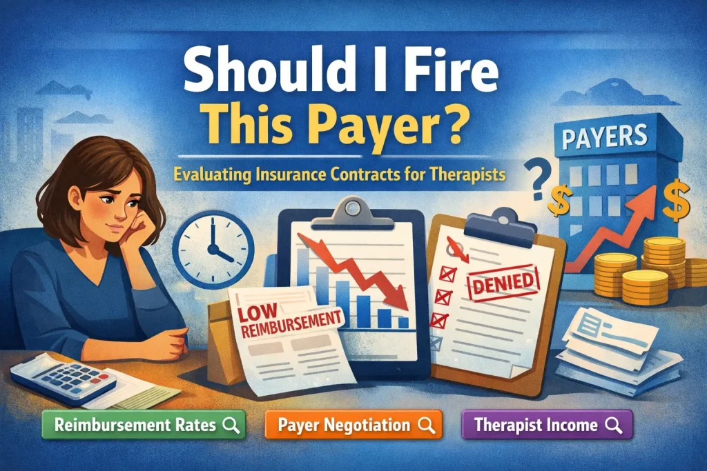 Mental health therapist evaluating insurance contracts with low reimbursement rates, denials, and payer negotiation decisions.