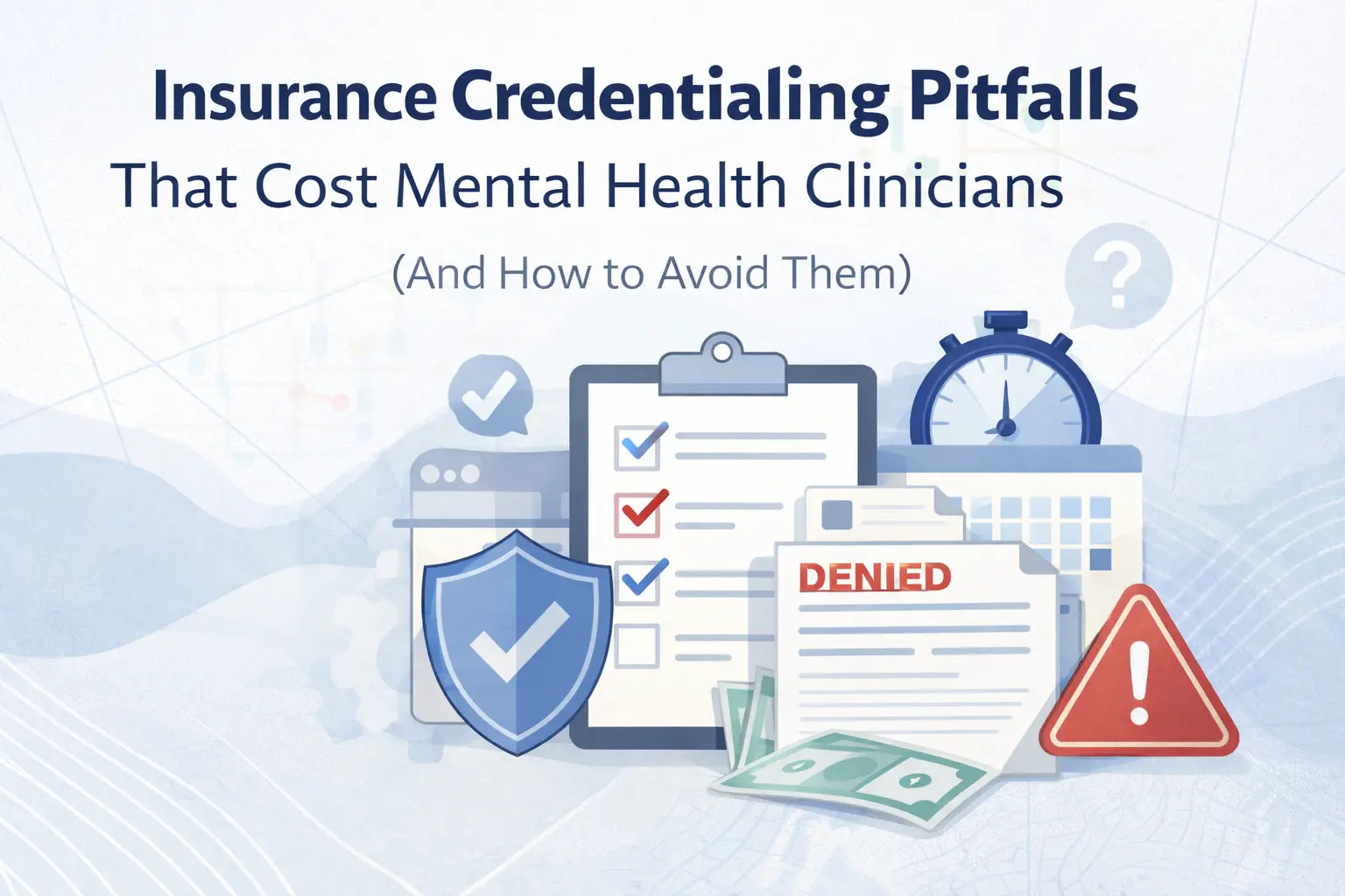 Illustration showing insurance credentialing pitfalls that cause denied claims and lost revenue for mental health clinicians