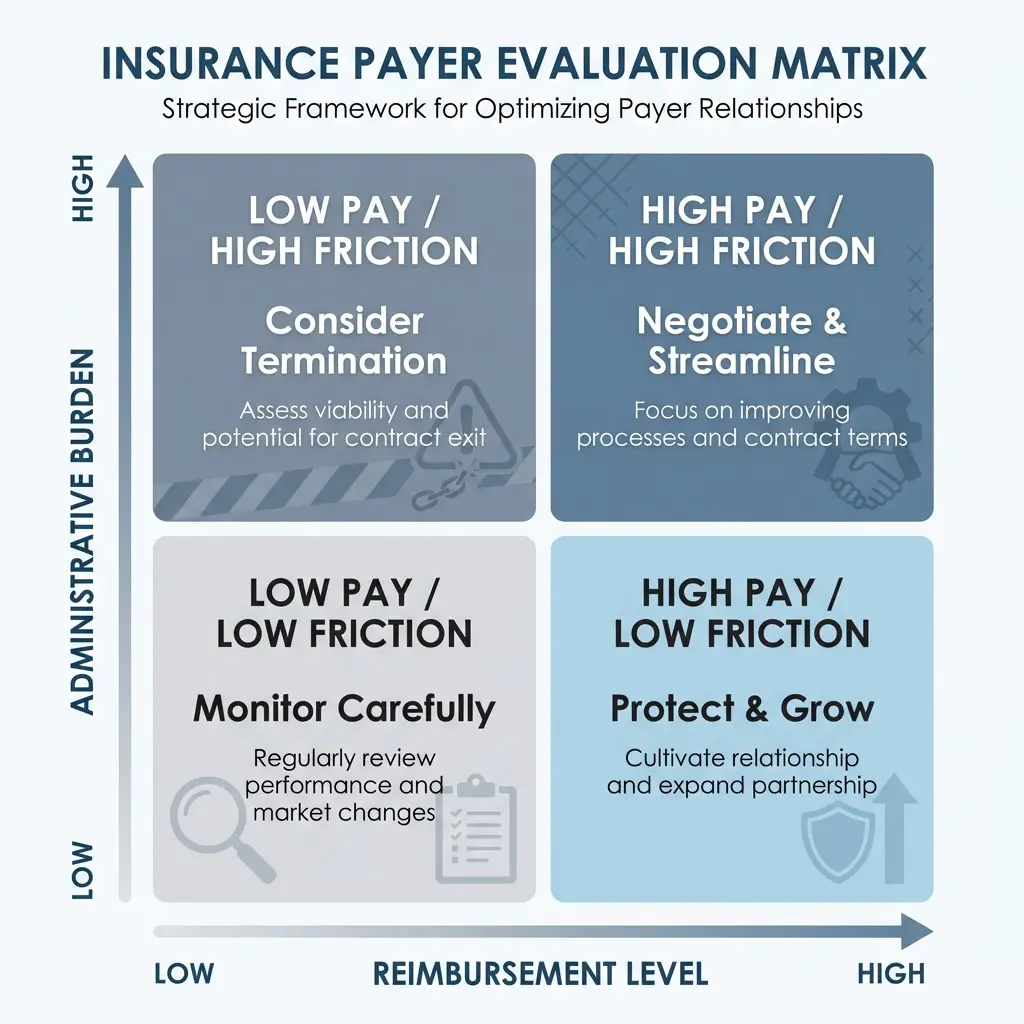Insurance payer evaluation matrix showing reimbursement level versus administrative burden to guide payer negotiation and termination decisions for mental health practices.
