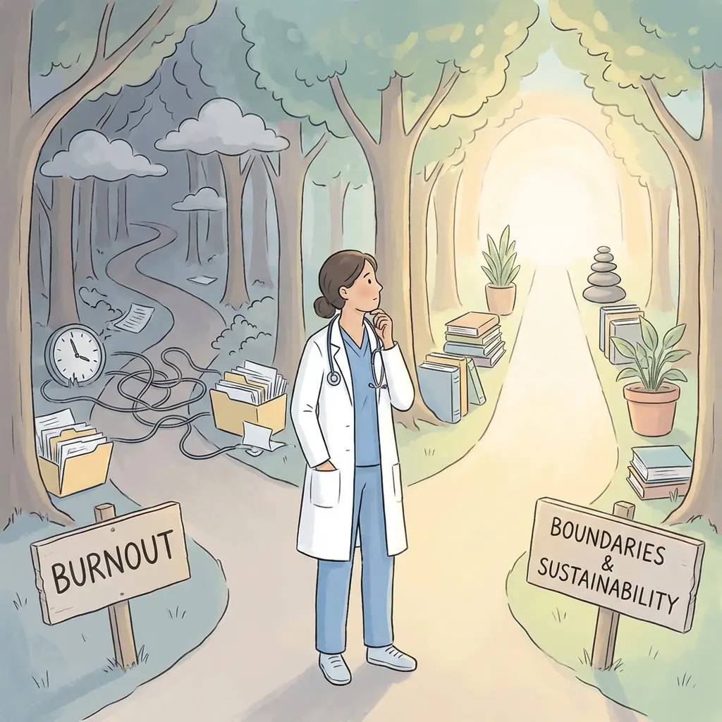 Illustration of a mental health clinician at a crossroads choosing between burnout caused by administrative overload and a sustainable path focused on boundaries and balance.