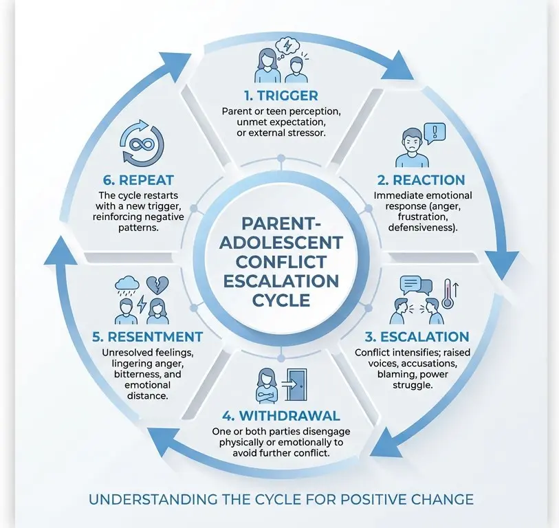 Parent-adolescent conflict escalation cycle diagram used in family therapy interventions showing trigger, reaction, escalation, withdrawal, resentment, and repeat stages.