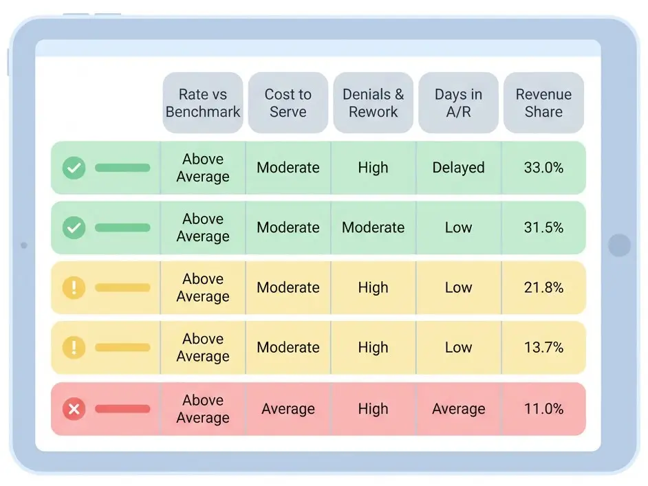 Payer evaluation scorecard showing reimbursement benchmarks, cost to serve, denials, days in accounts receivable, and revenue share to guide insurance contract decisions.