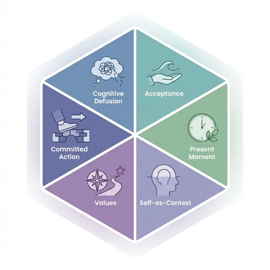 Infographic showing the six core processes of acceptance and commitment therapy for depression including cognitive defusion, acceptance, present moment, self-as-context, values, and committed action