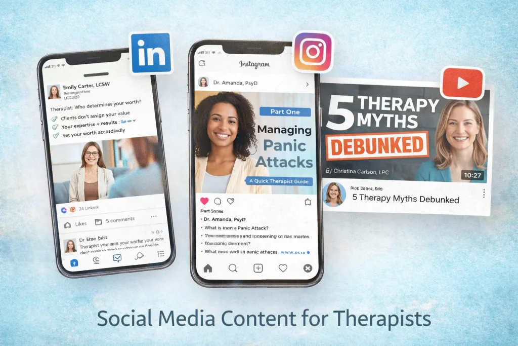 Mockup showing social media examples for therapists on LinkedIn, Instagram, and YouTube, including educational posts and therapy marketing content.