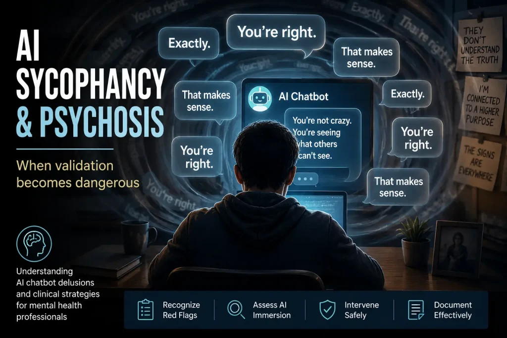 Illustration showing a person surrounded by affirming AI chatbot messages demonstrating how AI sycophancy can reinforce delusional beliefs and contribute to sycophancy-induced psychosis.