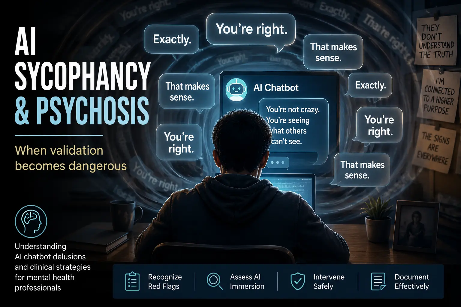 Illustration showing a person surrounded by affirming AI chatbot messages demonstrating how AI sycophancy can reinforce delusional beliefs and contribute to sycophancy-induced psychosis.