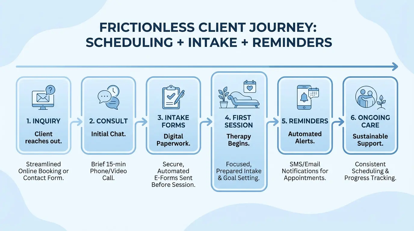 Infographic showing a therapy client journey from inquiry to ongoing care, including scheduling, intake forms, first session, automated reminders, and retention systems.