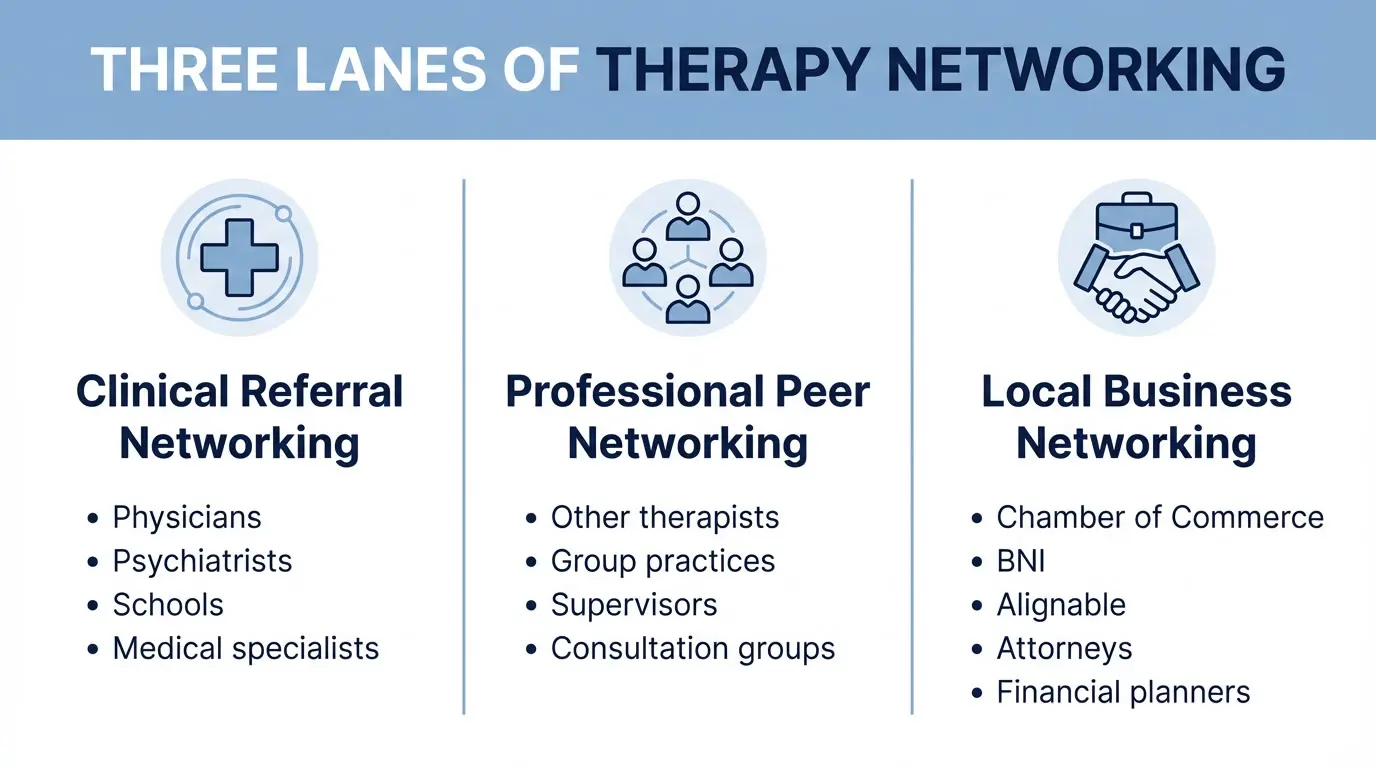 Infographic showing three lanes of therapy networking: clinical referral networking, professional peer networking, and local business networking to help therapists grow their practice.