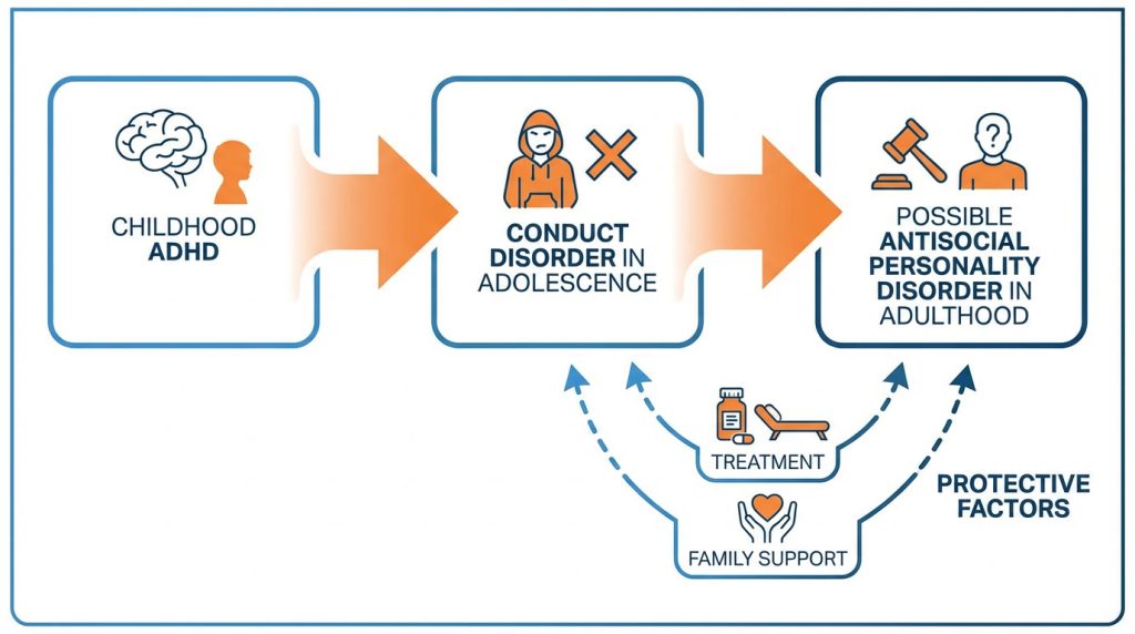Infographic showing developmental pathway from childhood ADHD to conduct disorder in adolescence and possible antisocial personality disorder in adulthood with protective factors like treatment and family support.