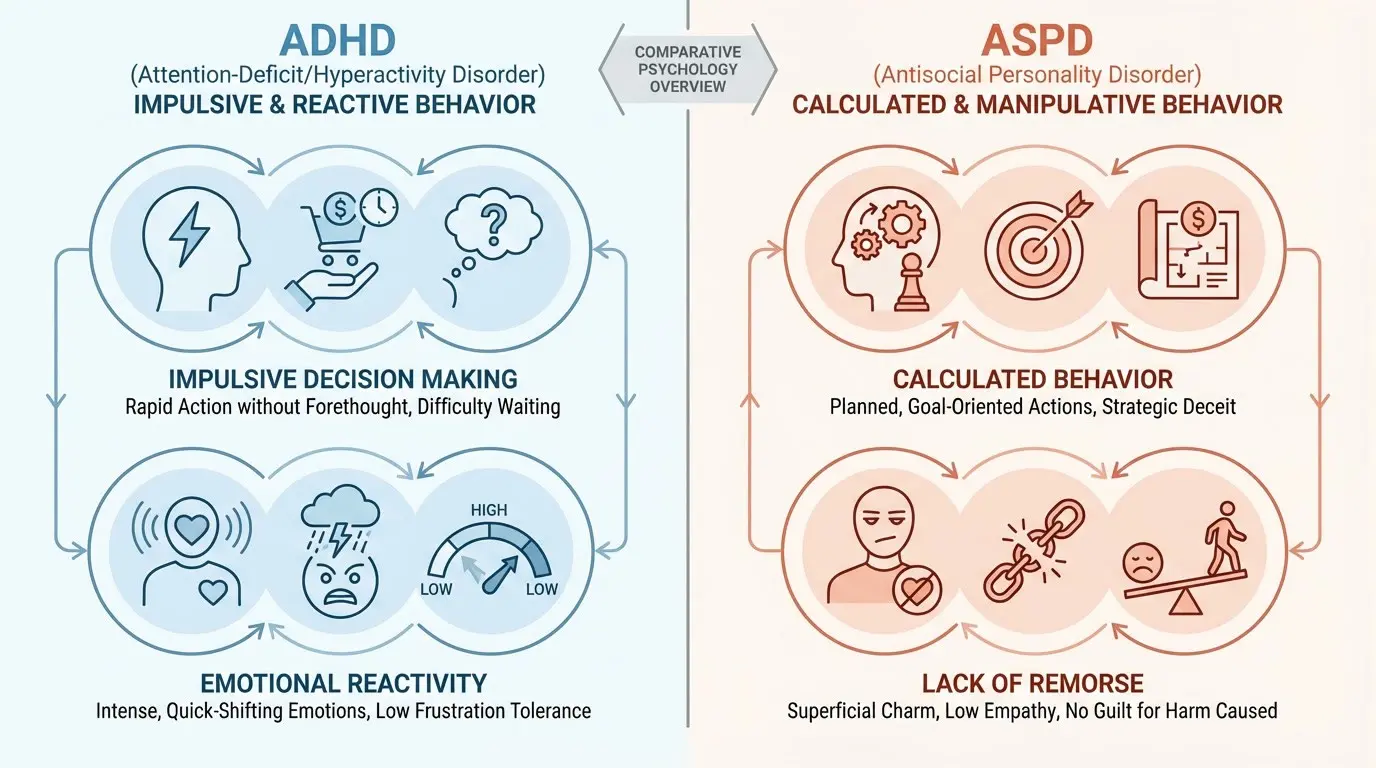 Infographic comparing ADHD impulsive behavior with antisocial personality disorder calculated behavior, highlighting emotional reactivity, impulsivity, manipulation, and lack of remorse.