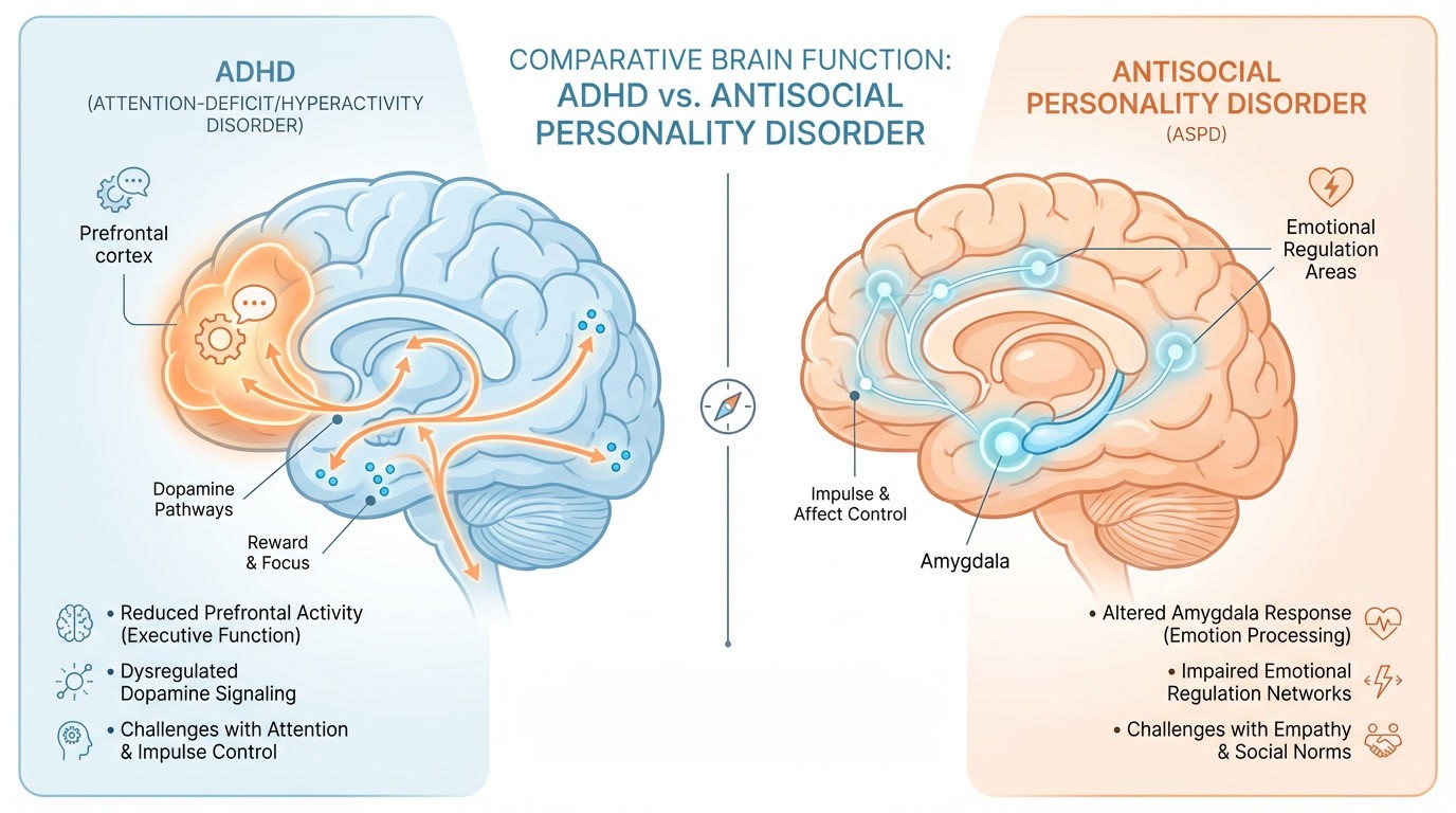 Infographic comparing ADHD and antisocial personality disorder brain function showing differences in prefrontal cortex activity, dopamine pathways, and amygdala regulation.