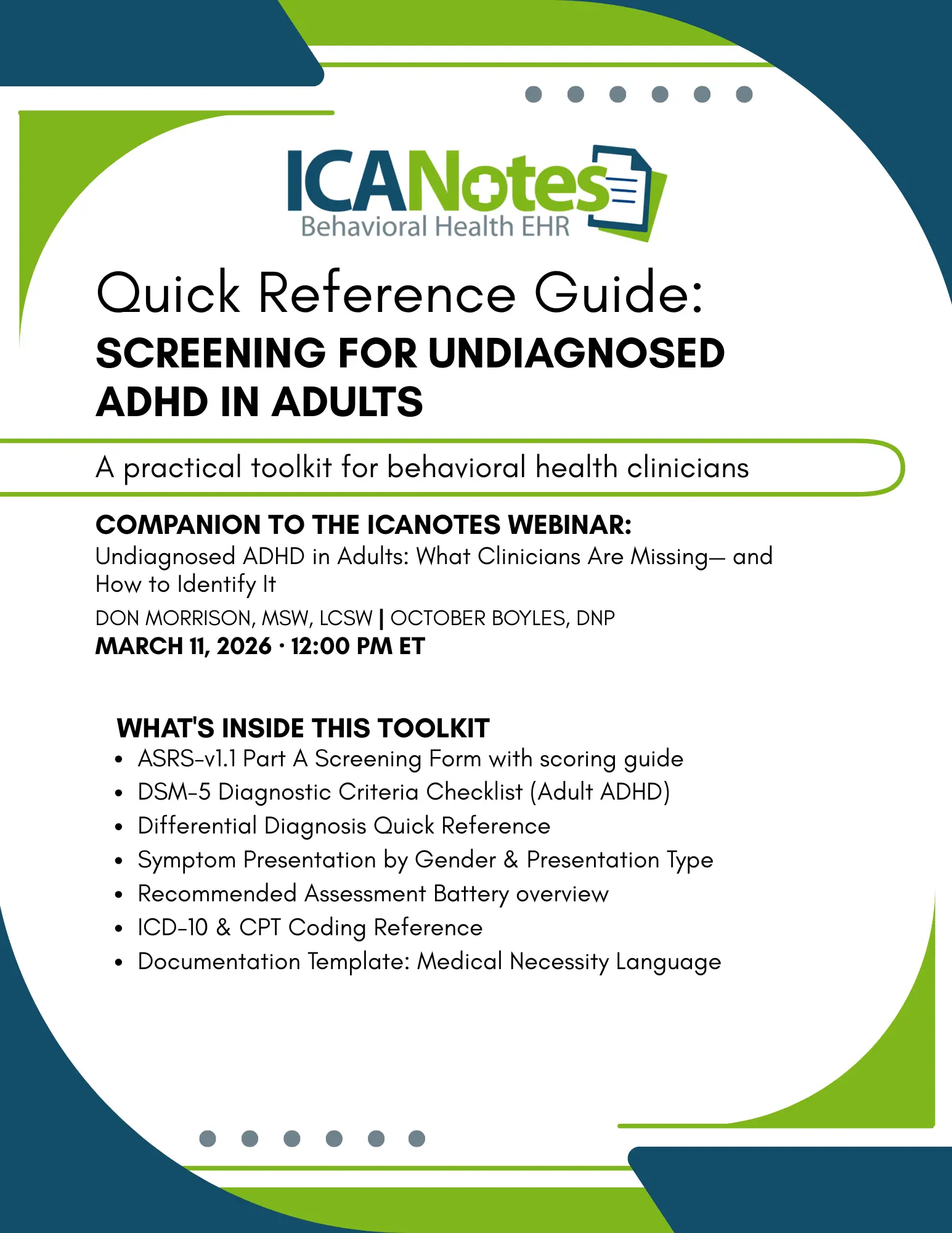 Adult ADHD screening toolkit quick reference guide for clinicians including ASRS v1.1 screener, DSM-5 checklist, differential diagnosis, and documentation template