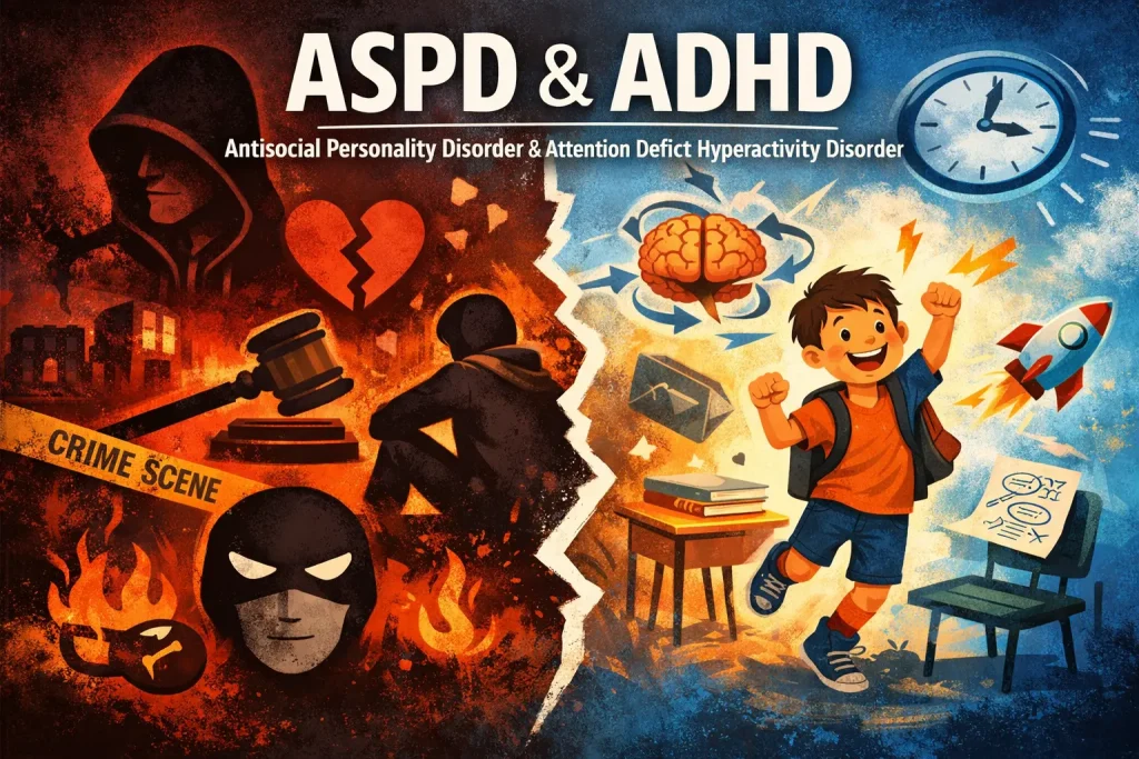 Illustration comparing ASPD and ADHD, highlighting differences between antisocial personality disorder and attention deficit hyperactivity disorder.