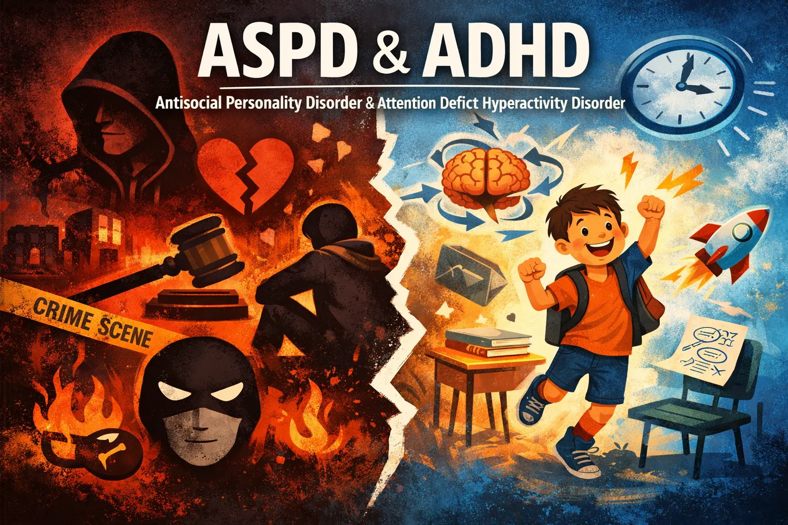 Illustration comparing ASPD and ADHD, highlighting differences between antisocial personality disorder and attention deficit hyperactivity disorder.