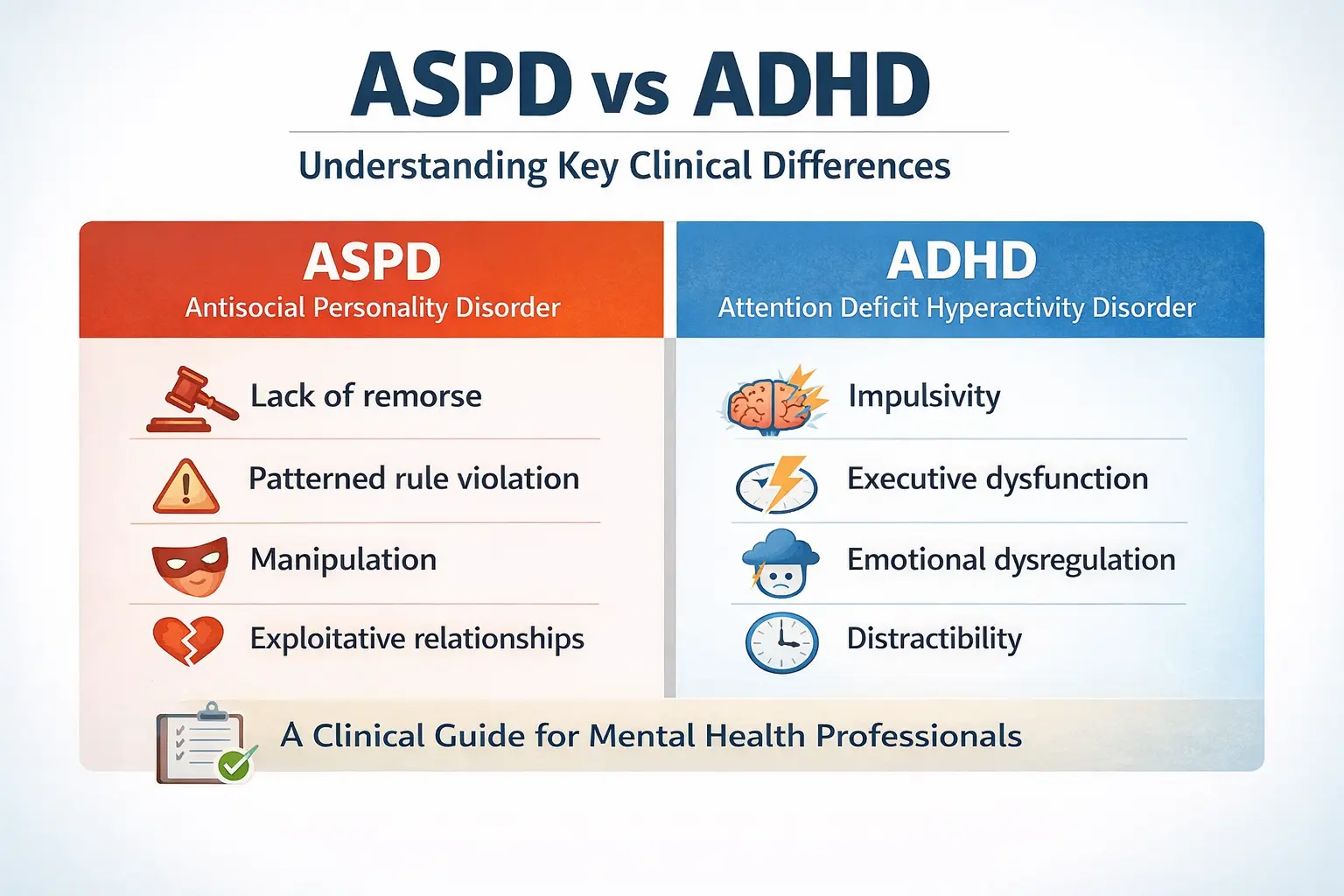 Infographic comparing ASPD vs ADHD showing differences between antisocial personality disorder and attention deficit hyperactivity disorder.