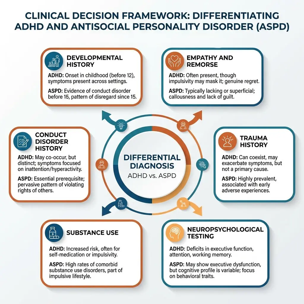 Clinical decision framework infographic for differentiating ADHD and antisocial personality disorder using assessment domains such as developmental history, empathy, conduct disorder history, and behavioral patterns.