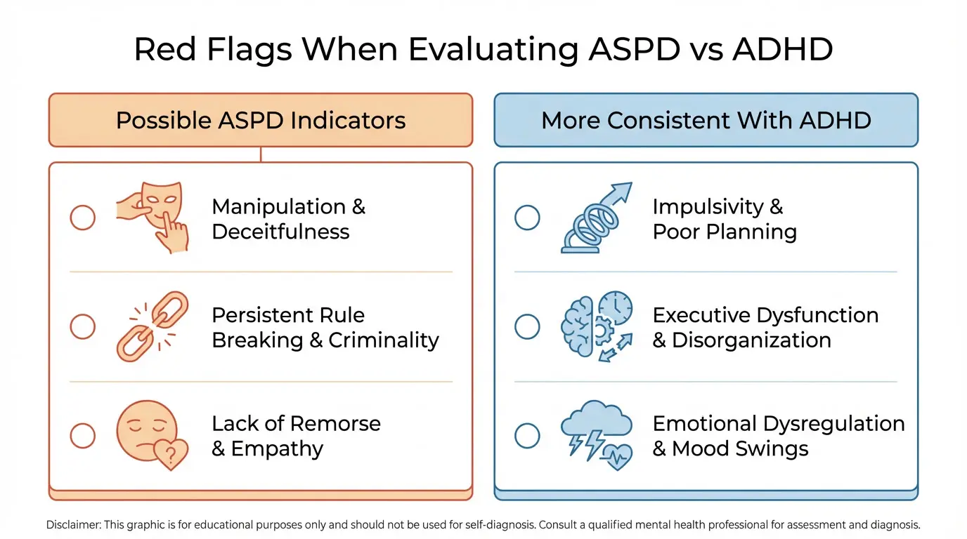 Checklist infographic showing red flags clinicians assess when differentiating antisocial personality disorder and ADHD.
