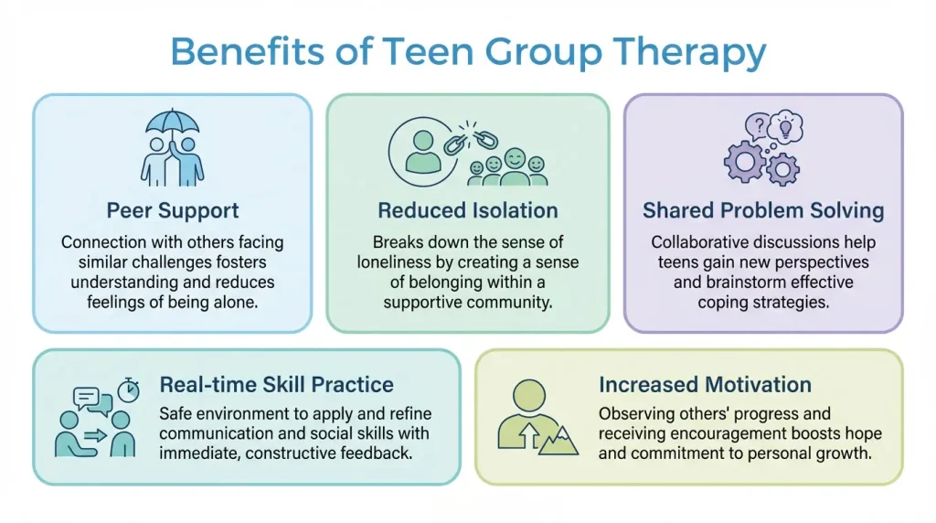 Benefits of teen group therapy including peer support, shared problem solving, reduced isolation, and skill development.