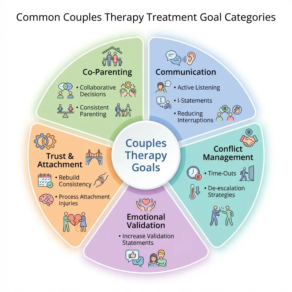 infographic showing common couples therapy treatment goal categories including communication conflict management emotional validation trust and attachment and co parenting