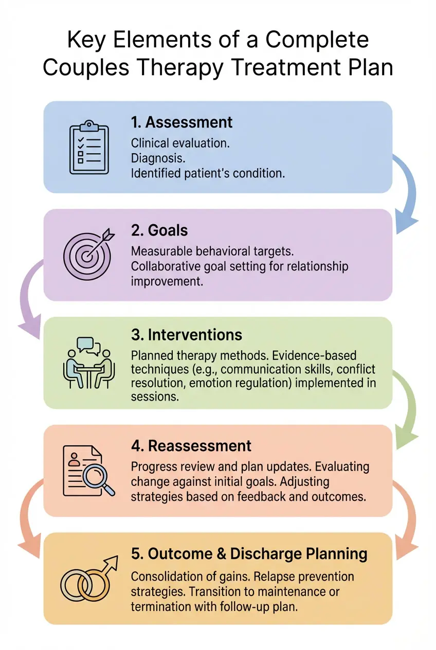 infographic showing the key elements of a couples therapy treatment plan including assessment goals interventions reassessment and discharge planning