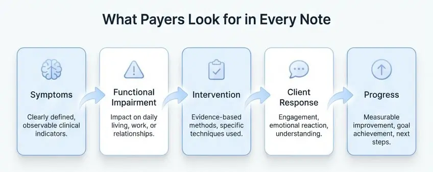 Framework showing key elements of documenting medical necessity in mental health including symptoms, functional impairment, intervention, client response, and progress
