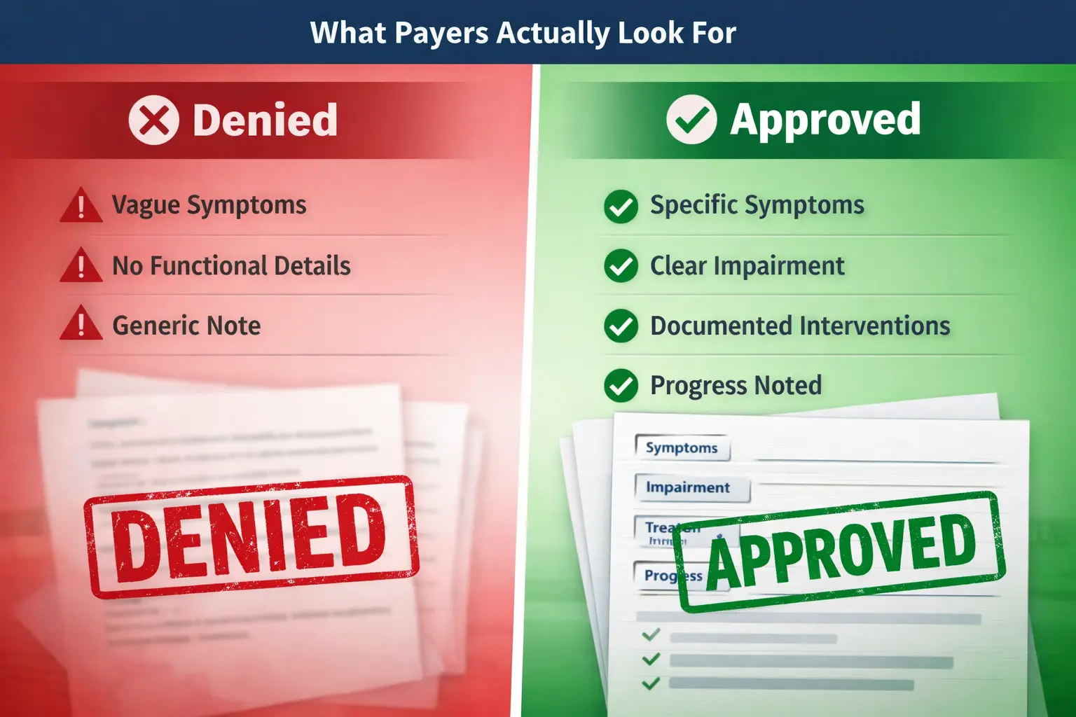 Comparison of weak vs strong medical necessity documentation in mental health showing denied vs approved insurance outcomes