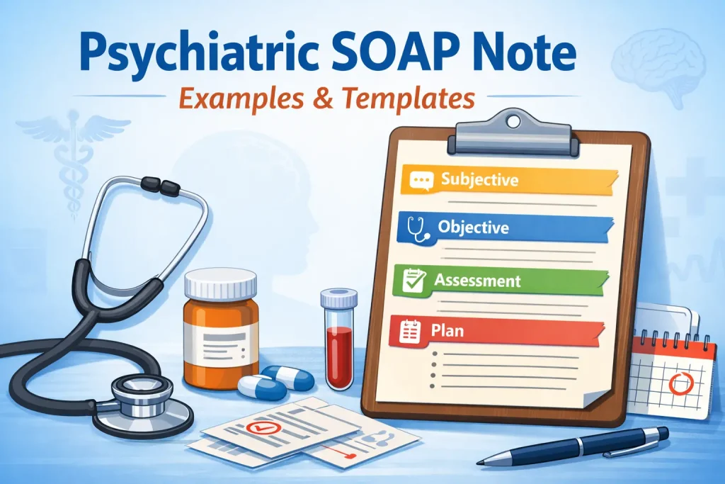 Psychiatric SOAP note example showing subjective objective assessment and plan sections used in psychiatry documentation
