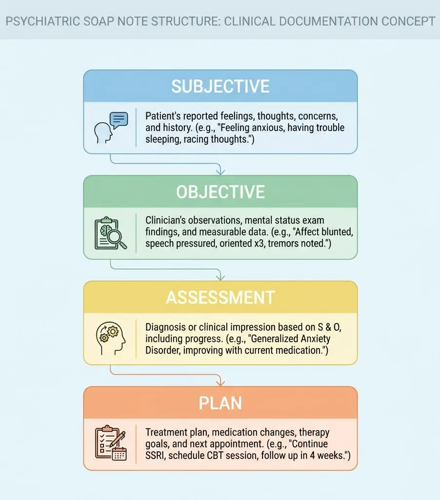 diagram showing psychiatric SOAP note structure with subjective objective assessment and plan sections