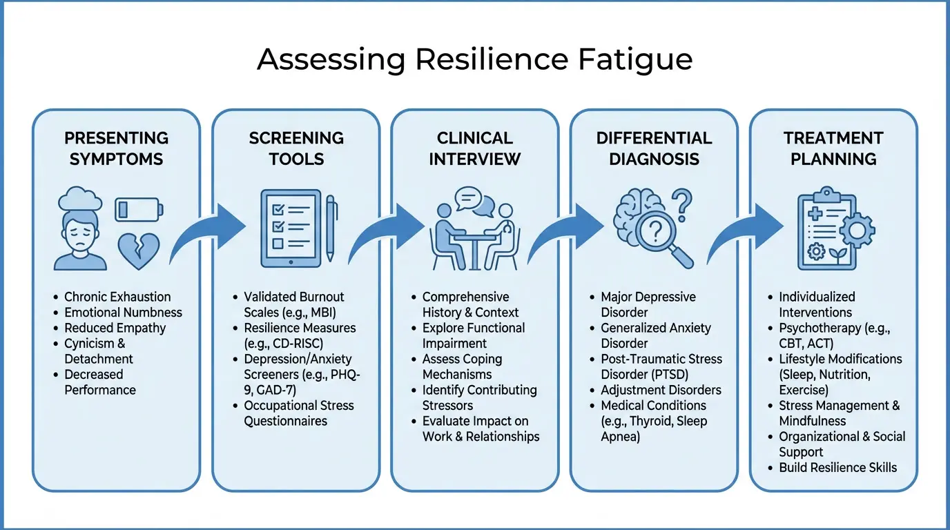 clinical assessment flowchart for identifying resilience fatigue using screening tools and interview questions