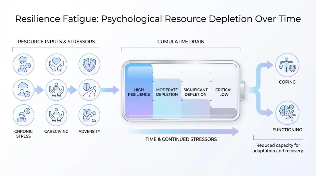 diagram showing resilience fatigue definition with resource depletion and adaptive coping breakdown over time