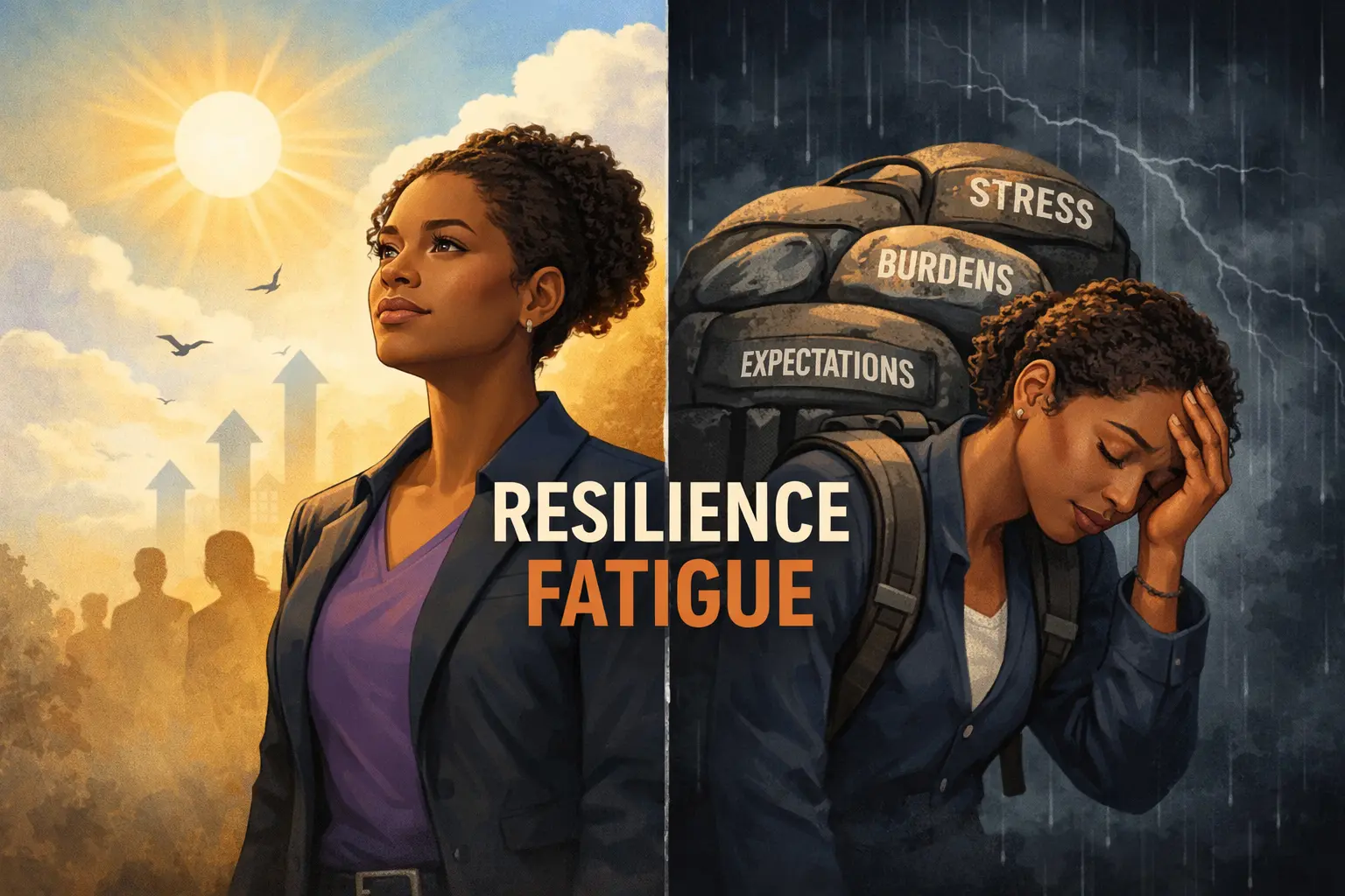 African American woman showing contrast between strength and exhaustion representing resilience fatigue in mental health