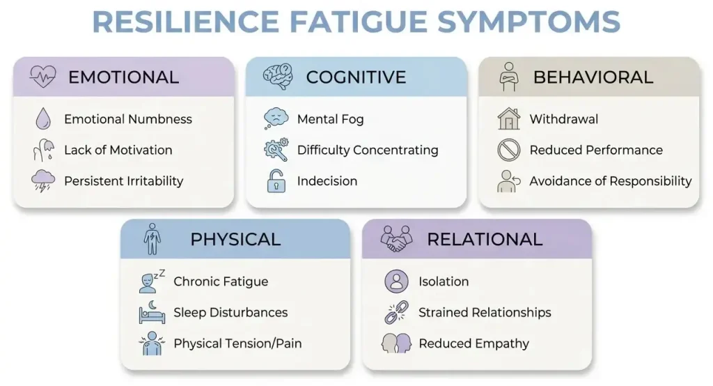 resilience fatigue symptoms across emotional cognitive behavioral physical and relational domains infographic
