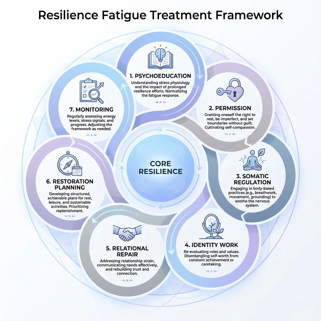 resilience fatigue treatment strategies including psychoeducation somatic regulation and adaptive coping support