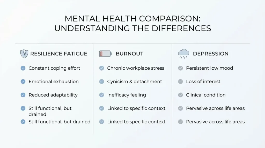 comparison chart showing resilience fatigue vs burnout vs depression differences in mental health