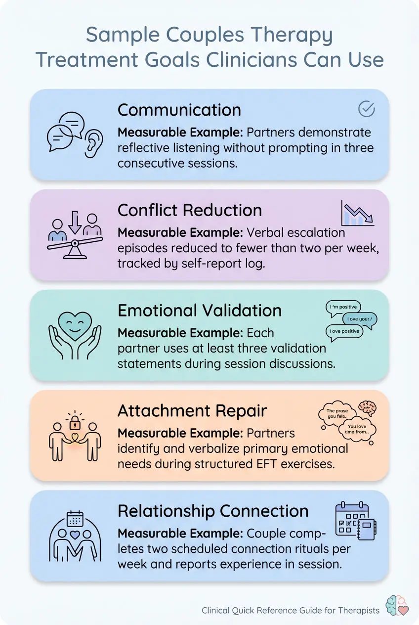 infographic showing sample couples therapy treatment goals including communication conflict reduction emotional validation attachment repair and relationship connection