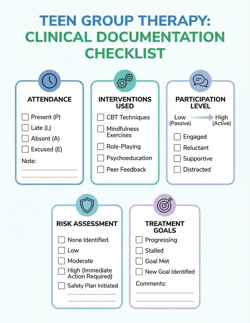 Checklist showing key documentation elements for teen group therapy including attendance, interventions, participation, risk assessment, and treatment goals.